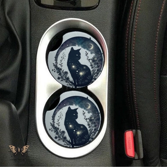 Floral Black Cat Car Coaster 2 Pack | Car Accessories - Picture 1 of 7